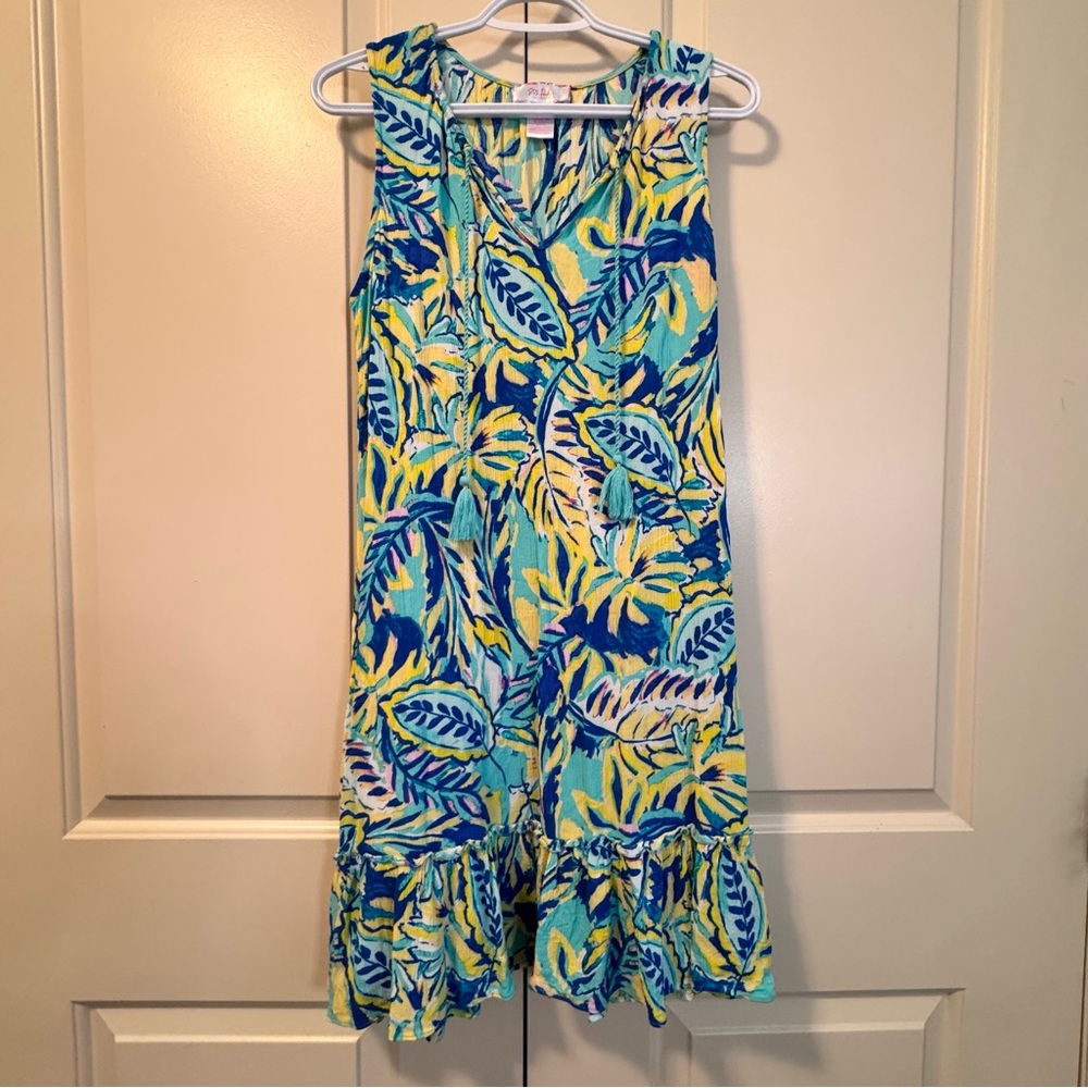 Stella Parker Tropical Sleeveless Shift Summer Dress Ruffle Hem Tie @ Vneck Sz L